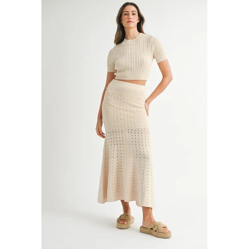 Pointelle Short Sleeve Crop Top and Slit Skirt Sweater Set