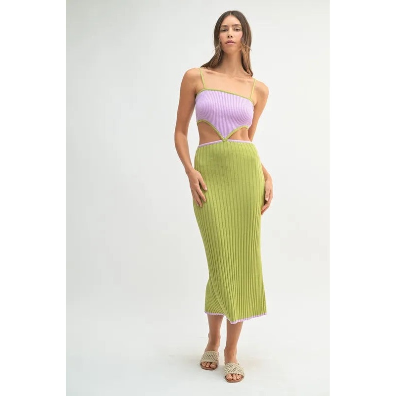 Ribbed Knit Color Block Cutout Midi Dress