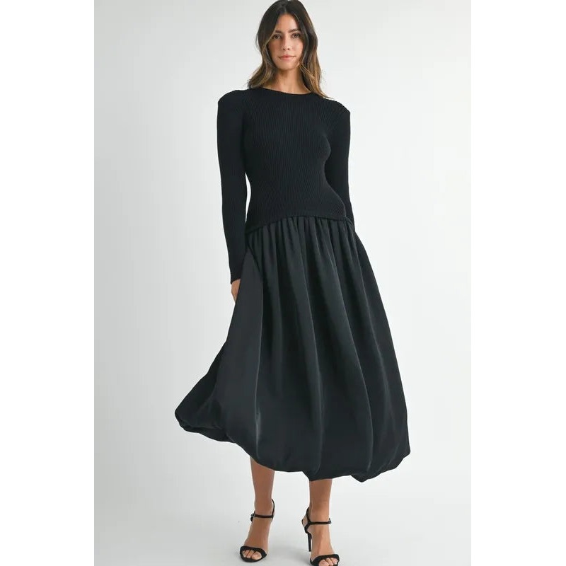 Ribbed Poplin Mix Midi Sweater Dress