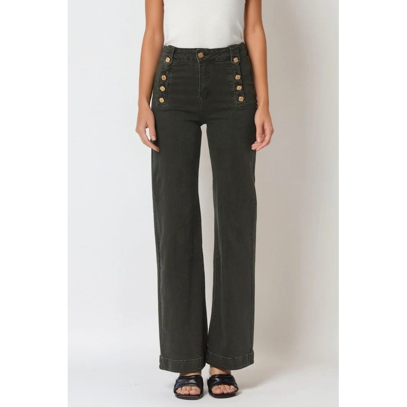 Straight Jeans With Gold Buttons at the Side in Khaki