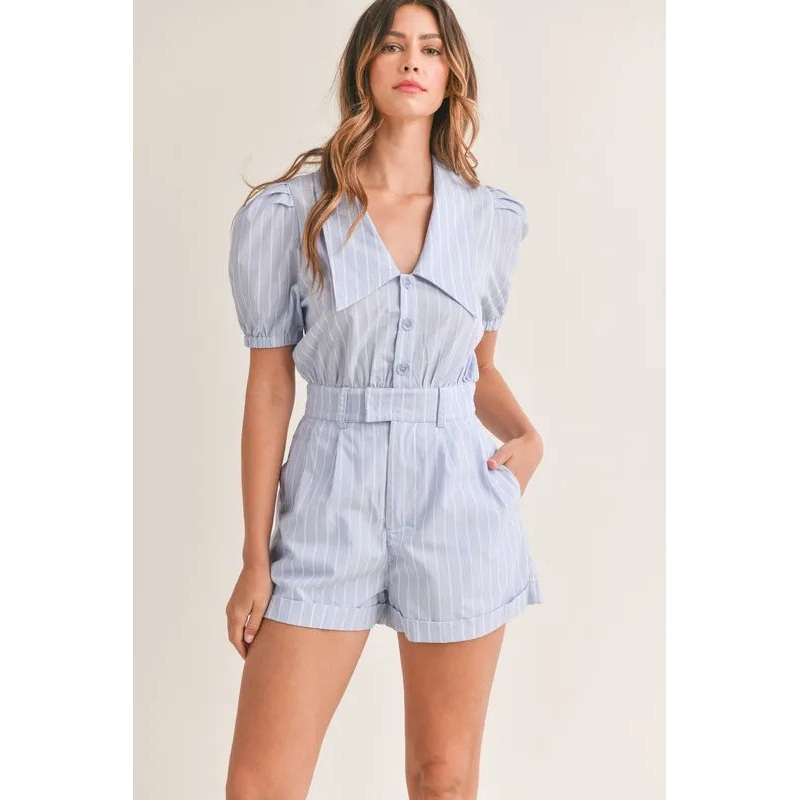 Striped Puff Sleeve Collared Neck Romper