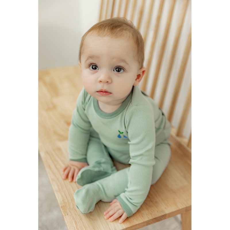 Cherry Print Rib Onesie|Mint/Sage|Off White/Mauve|1 Month|3 Months