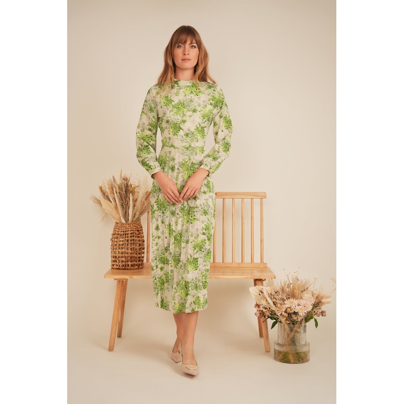 Floral Pleated Dress|Green/Print|XS|S|M|L|XL|1XL|2XL