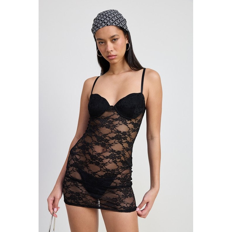 MINI LACE SHEER DRESS|BLACK|S|M|L