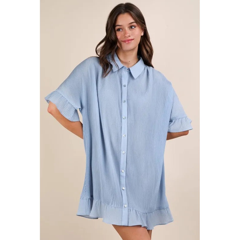Pleated Detail Button Down Mini Dress