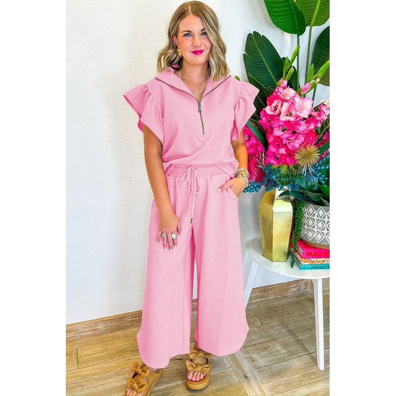Ruffled Sleeve Zipped Top and Wide Leg Pants Set