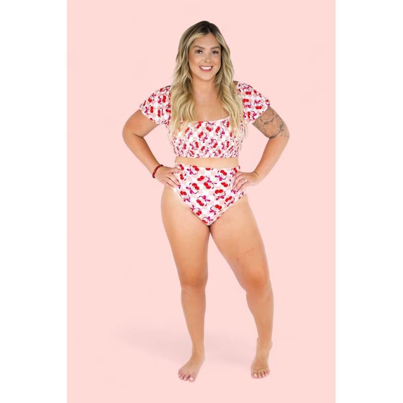 CHERRY SWEET CHECKERS DREAM SMOCKED OFF THE SHOULDER WOMENS SWIM SUIT