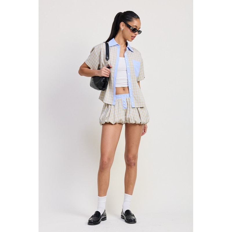 BUBBLE SLEEVE PLAD SHORTS|TAUPE COMBO|S|M|L