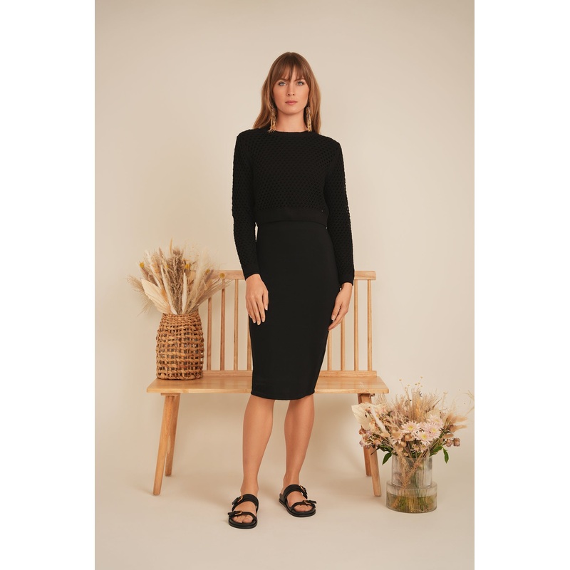 Net Knit Midi Jumper Set|Black|Oatmeal|XS|S|M|L|XL|1XL