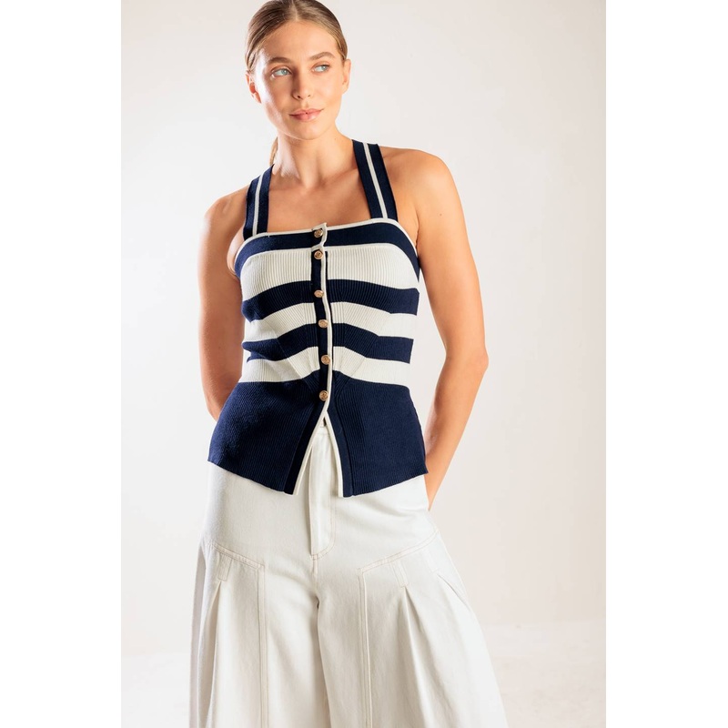 SHINE BRIGHT NAVY KNIT TOP|NAVY/WHITE|S|M|L