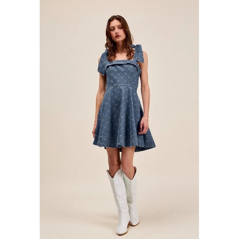 A Line Fit and Flare Diamond Bow Ribbon Denim Dres