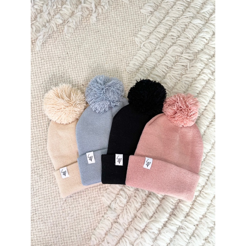 Pom Pom Beanie|Infant – 0-6M|Toddler – 6M -3Y|Kids – 3-8Y|Oat|Blush|Sky|Black