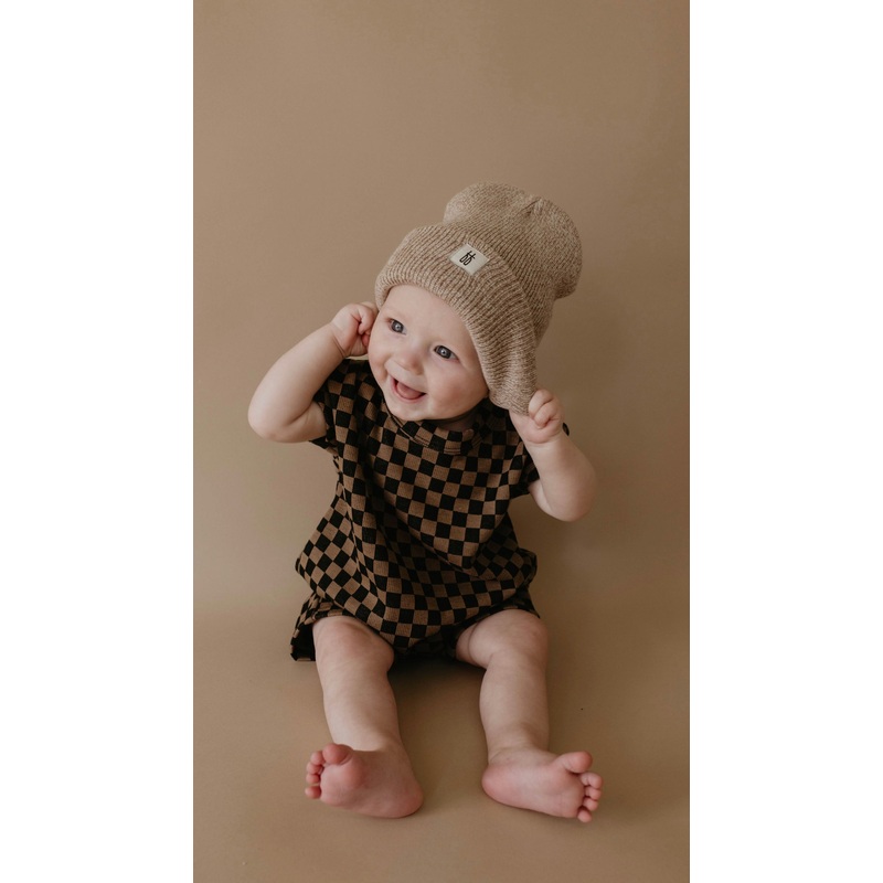 Short Sleeve Ribbed Romper | Black & Brown Checkerboard