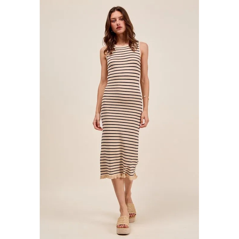 Stripe Sleeveless Sweater Knit Maxi Dress With Ruffled Hem