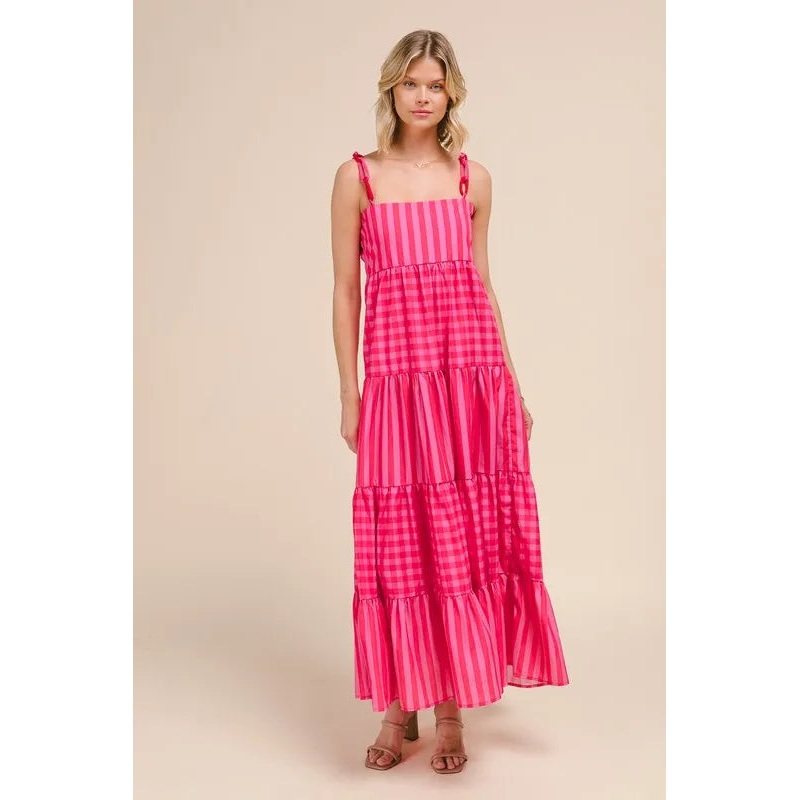 Stripe Tiered Maxi Dress with Colorful Chain Strap