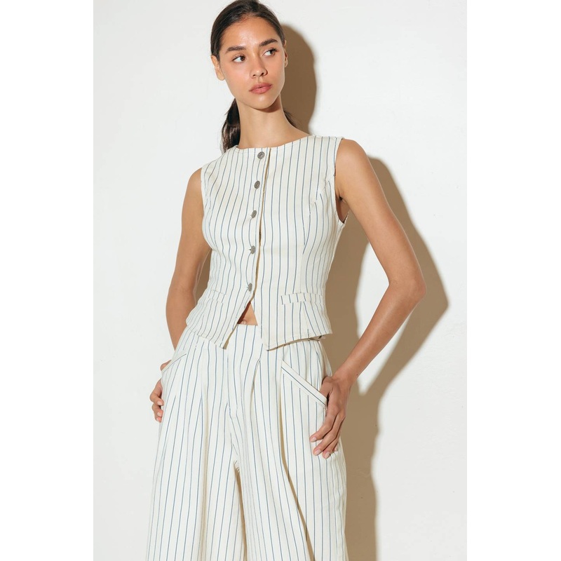 COFFEE RUN STRIPED WOVEN VEST|CREAM/BLUE|S|M|L