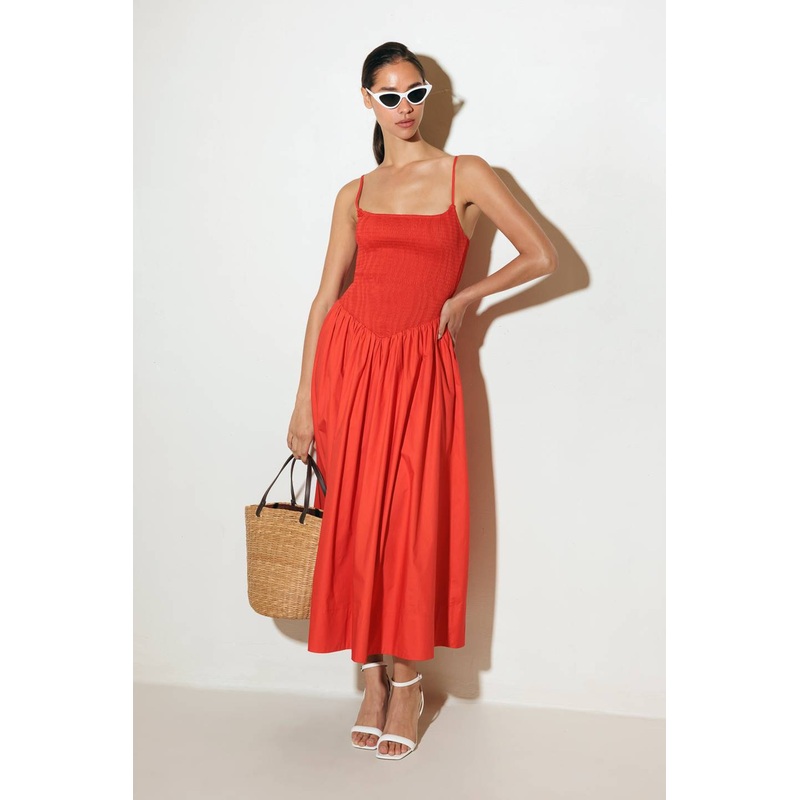 MOVE WITH INTENTION RED WOVEN MIDI DRESS