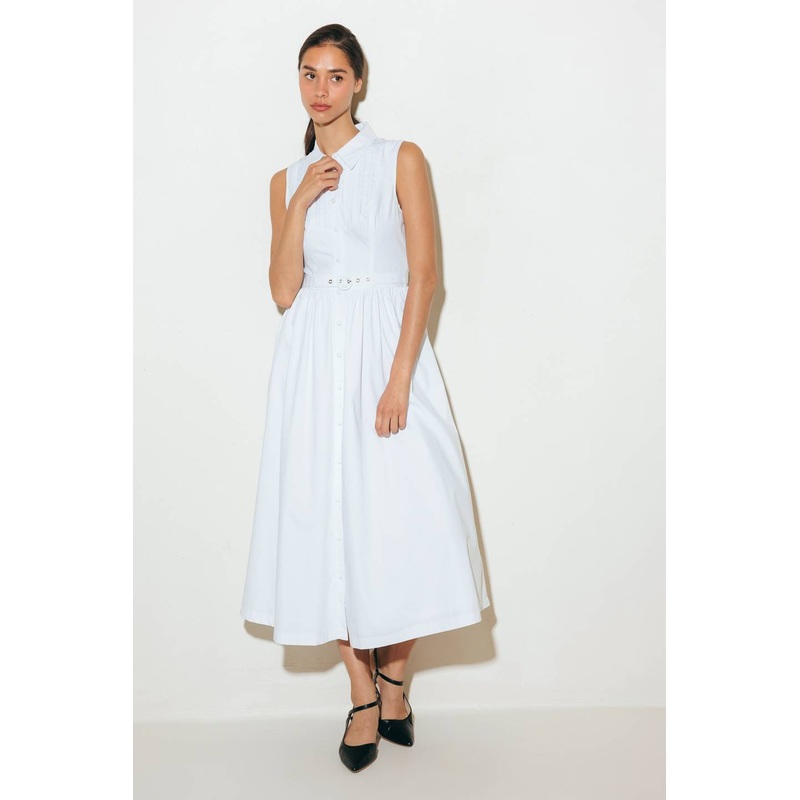 NUE EASE WHITE WOVEN MDI DRESS