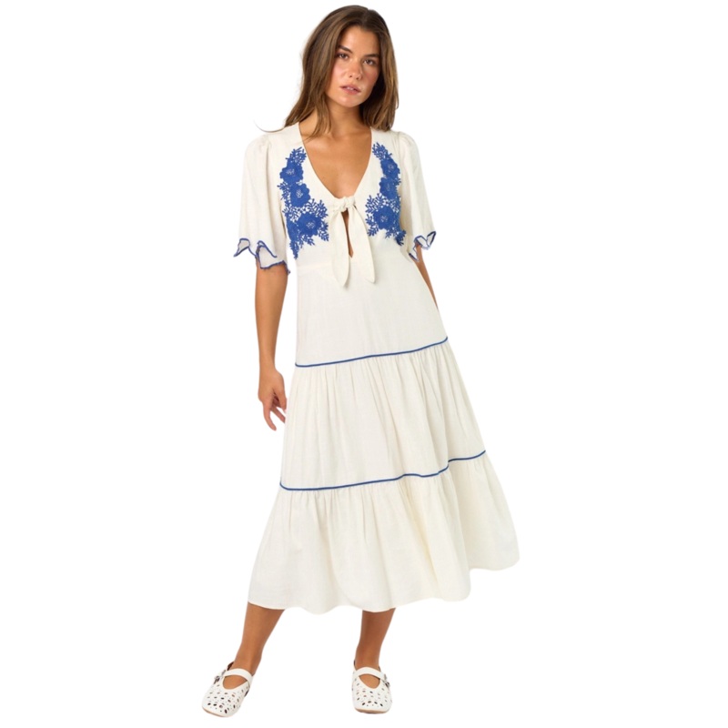 Embroidered Midi Dress|White/Blue|S|M|L