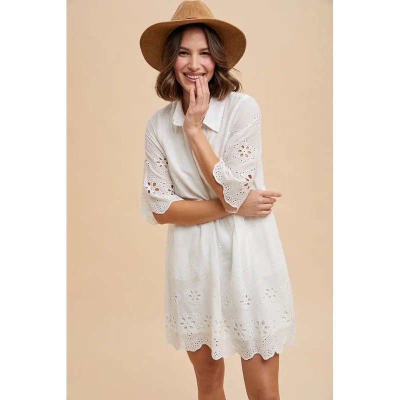 Embroidered Scallop Edge Detail Mini Shirt Dress
