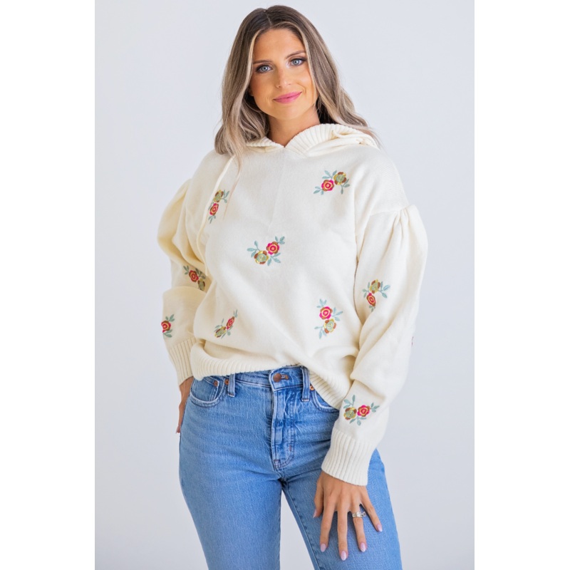 Floral Det Hoodie Sweater|Ivory|S|M|L