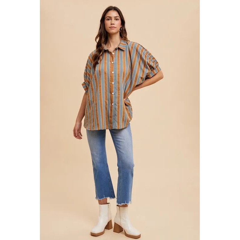 Oversized Drop Shoulder Striped Woven Shirt