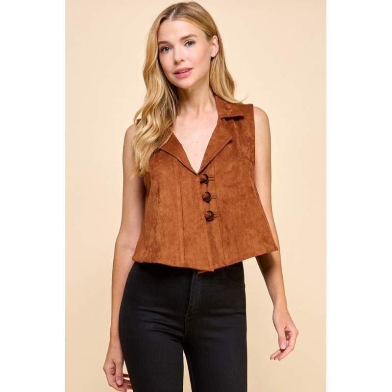 S/L Faux Suede Vest Top|Camel|S|M|L