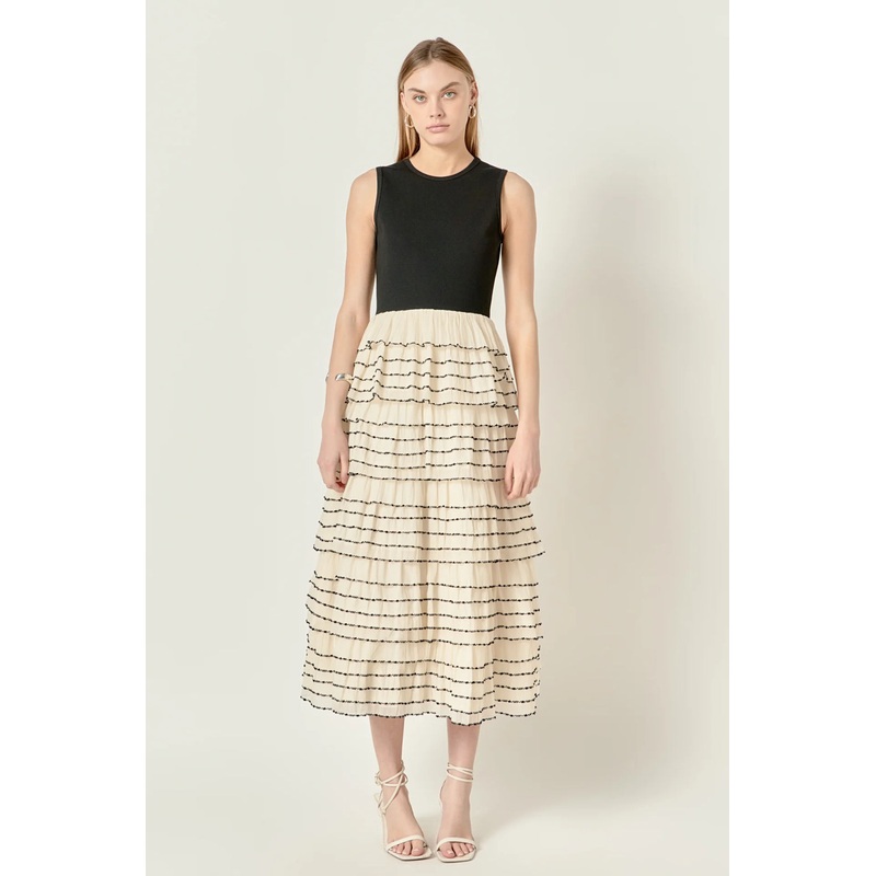 S/L Ruffle Midi Dress|Tan/Ivory|XS|S|M|L