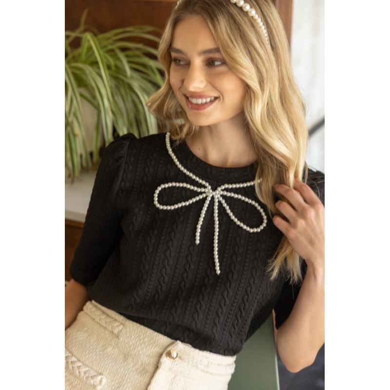 SS Pearl Bow Det Top|Black|S|M|L