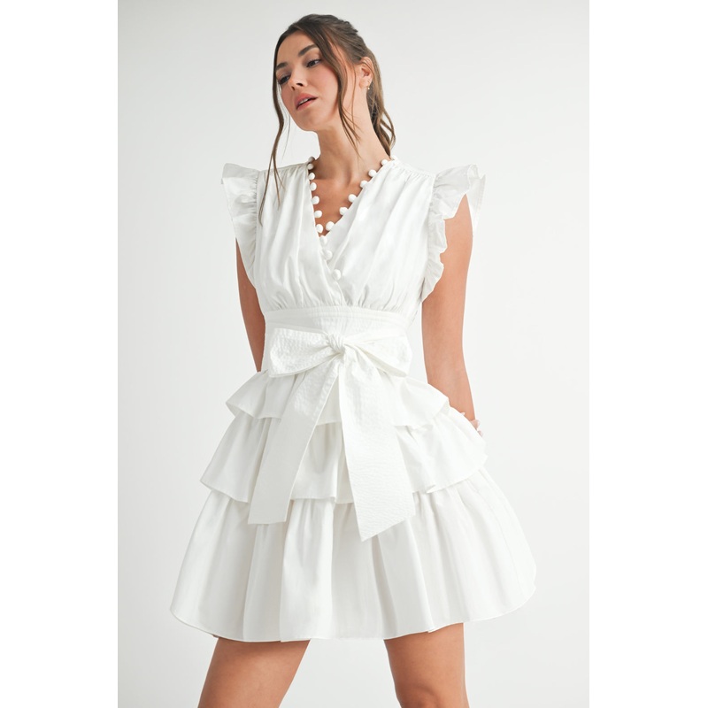 SS Tie Waist Tiered Dress|White|S|M|L
