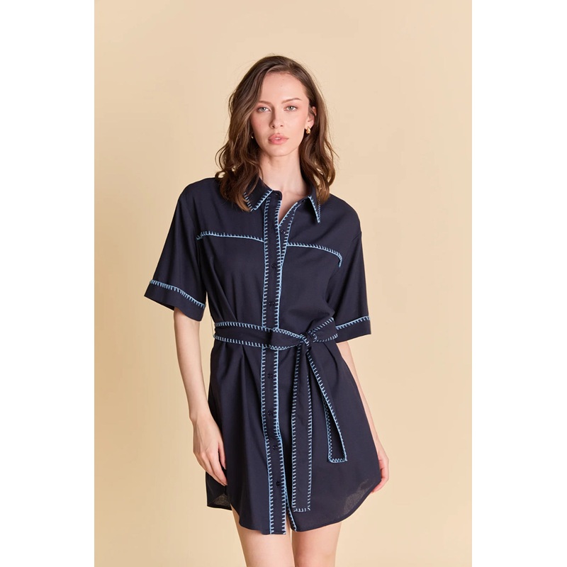 Stitch Det Tie Waist Dress|Navy/Powder Blue|XS|S|M|L