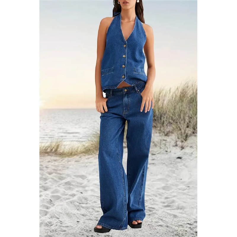 2-piece Denim Pant Set|Dark Denim|S|M|L