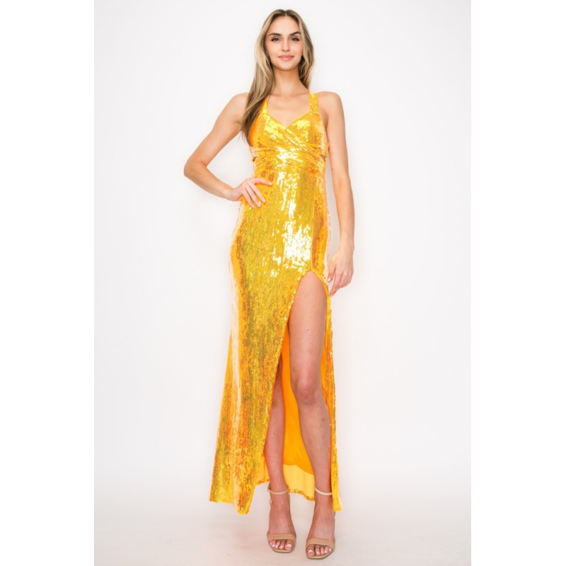 Cutout Waist Sequin Gown|Orange|S|M|L