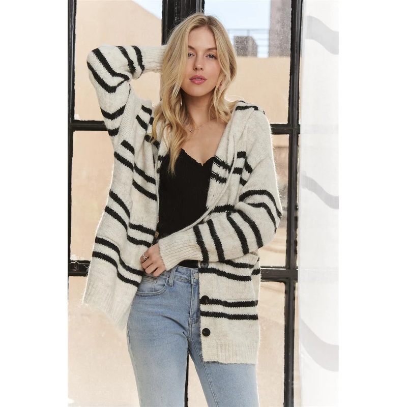 Horizontal Stripes Hoodie Cardigan