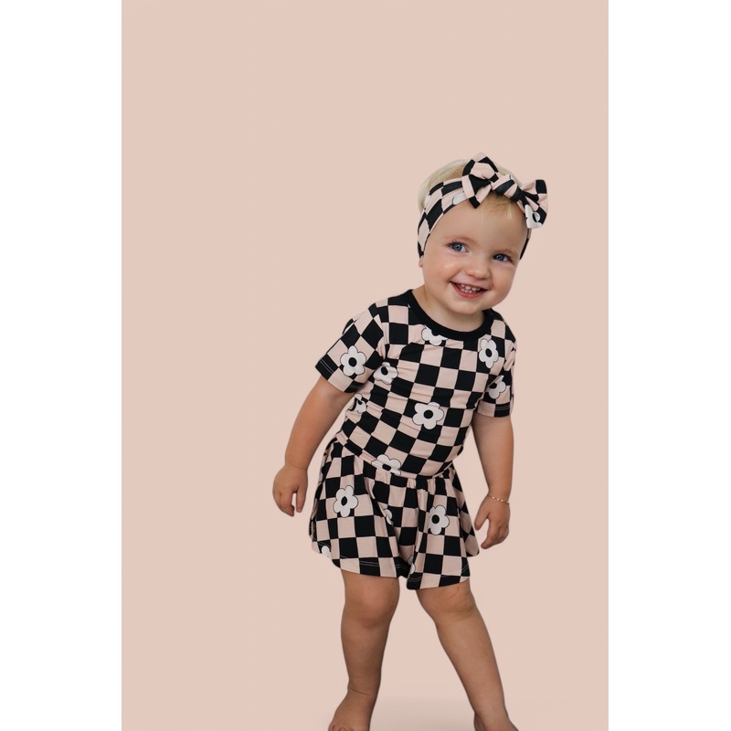 RETRO DAISY CHECKS SHORT SLEEVE DREAM BODYSUIT DRESS