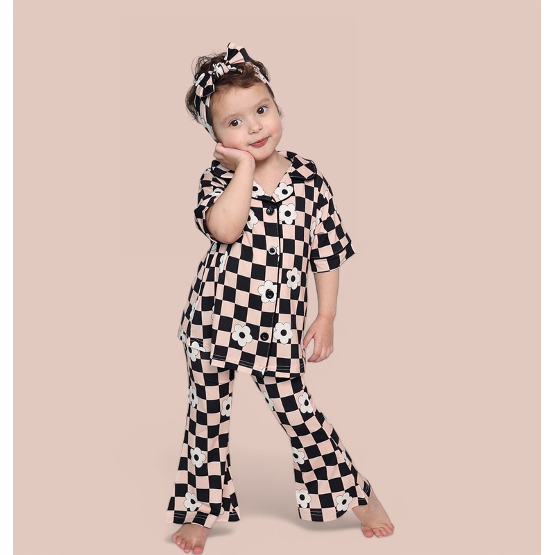 RETRO DAISY CHECKS SHORT SLEEVE DREAM GIRL’S FLARE SET