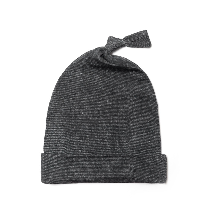 Washed Black Denim Print Knotted Beanie