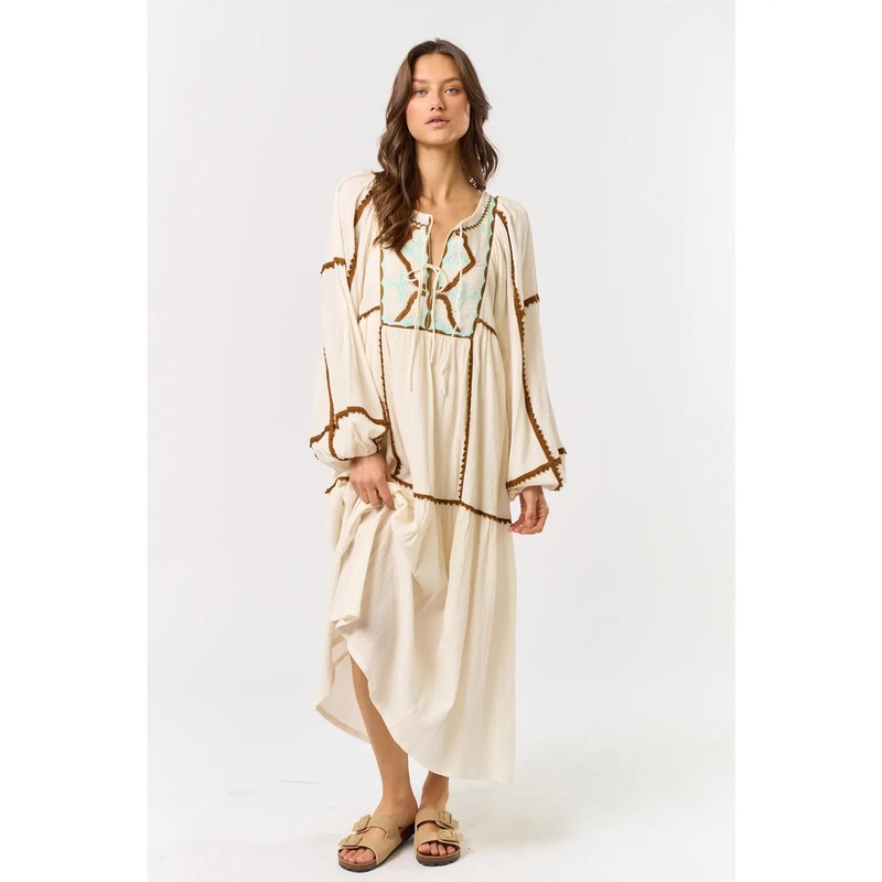 Embroidered Puff Long Sleeve Maxi