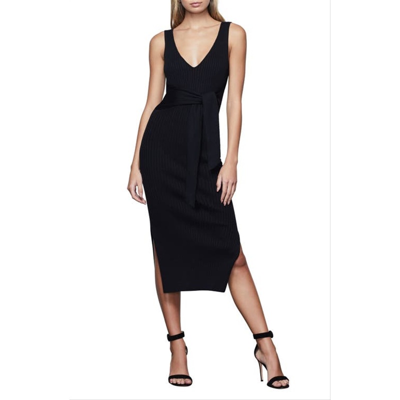 Good American Black Midi Dress, Rib Knit with Tie Waist, Size 001