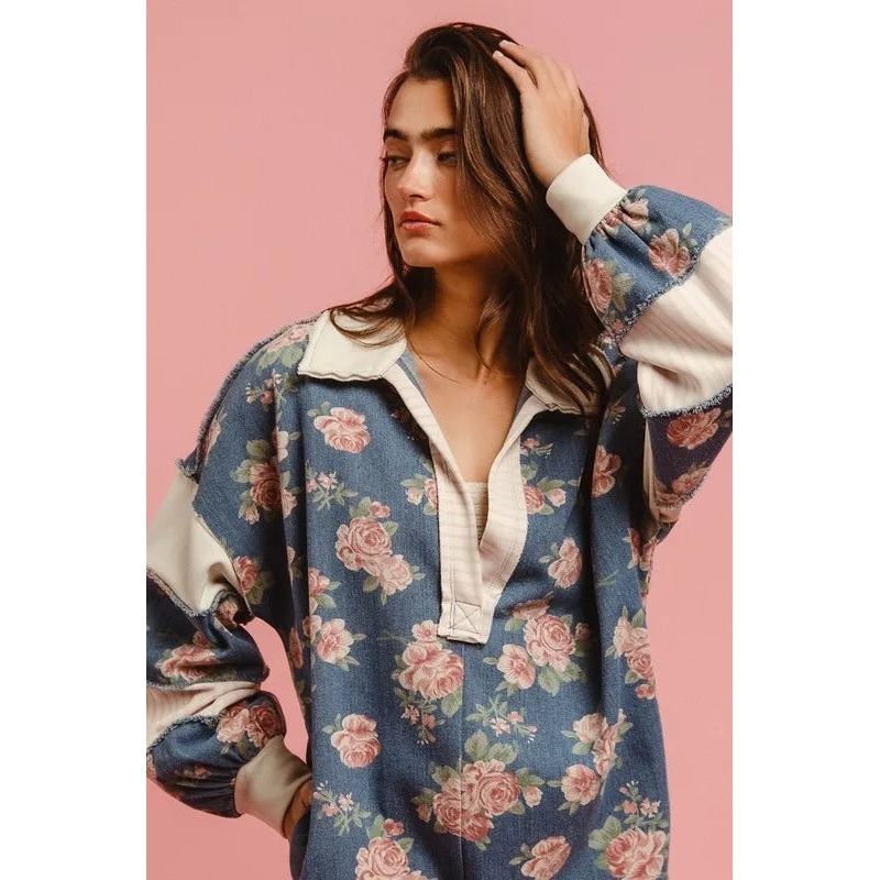 Washed Floral Denim Romper With Contrast Collar