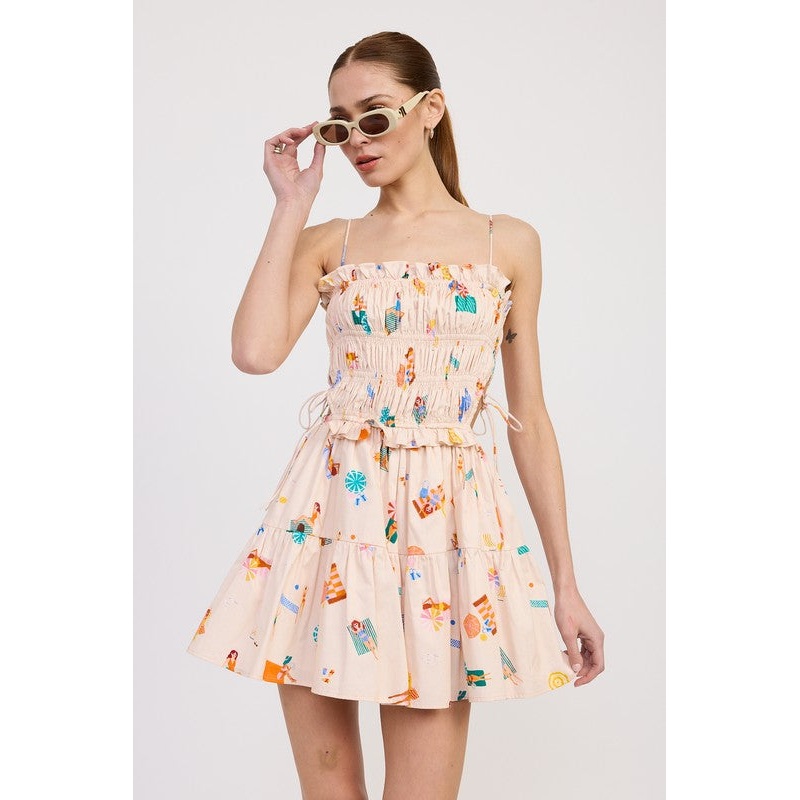 GATHERED POPLIN MIN DRESS|NATURAL MULTI|S|M|L