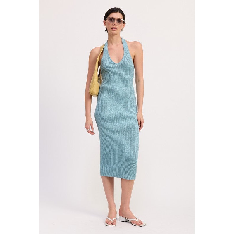 KNIT HALTER BODYCON MIDI DRESS
