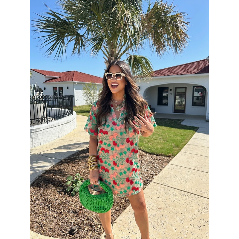 Lulu Short Sleeve Mini Caftan- Precious Coral