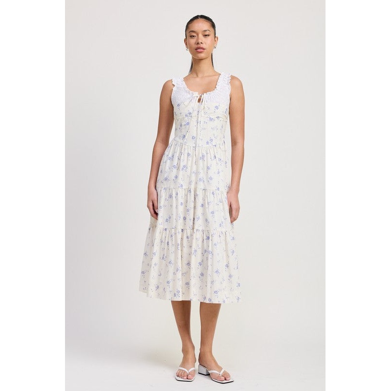 MIXED MEDIA EYELET PEEKABOO MIDI DRESS