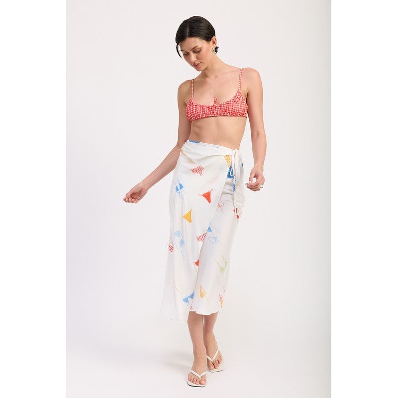 PRINTED SATIN MIDI SKIRT WITH SIDE RUCHE