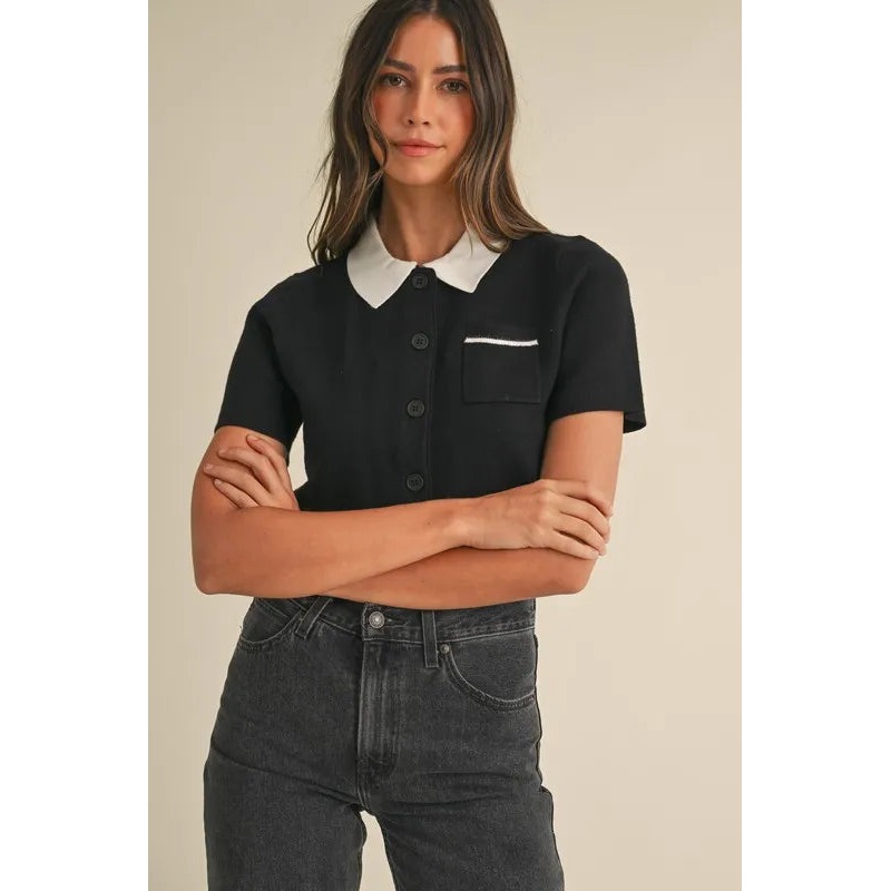 Button Down Contrast Collared Knit Cardigan