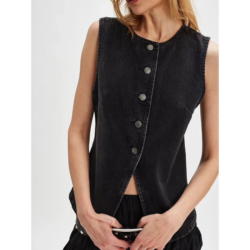 Button Down Round Neck Denim Vest