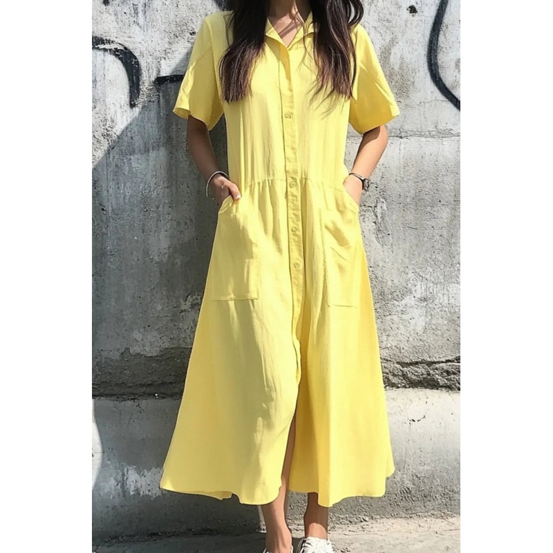 Button Front Short Sleeve Midi Dress