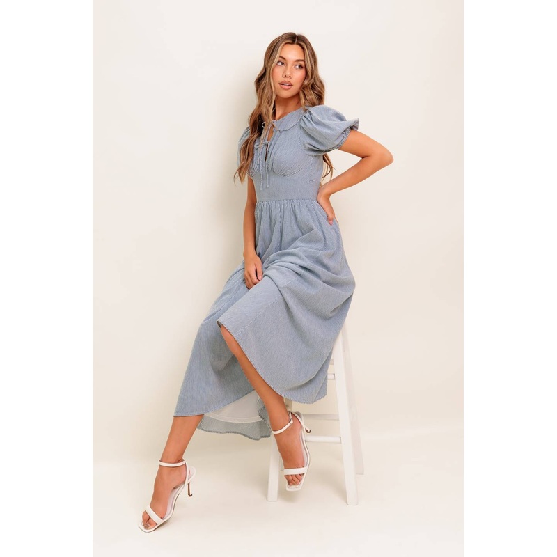 COZY GARDEN IVORY BLUE WOVEN MIDI DRESS