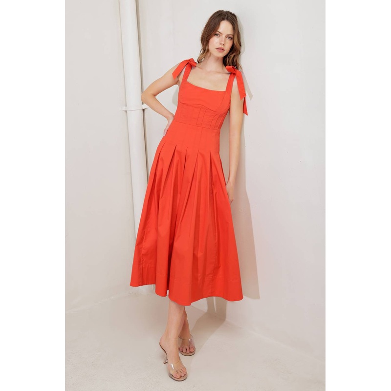 GENTLE SHADE WOVEN MIDI DRESS|CORAL RED|S|M|L